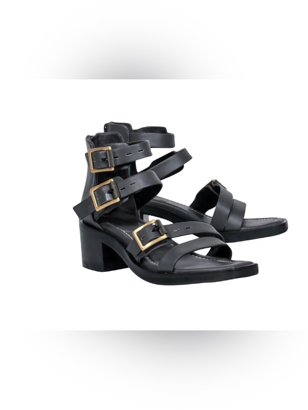 rag & bone Black Strappy Buckle Block Heel Sandals with Gold Buckles size 38